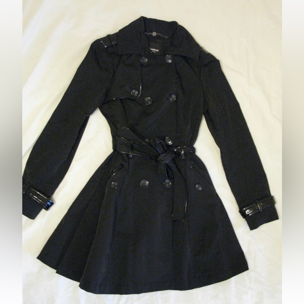 Bebe Black Stretch Corset Back Coat Jacket Ebony Black Sz S EUC